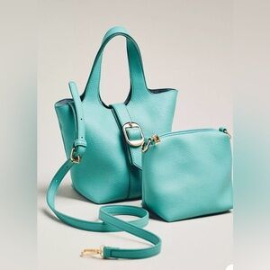 Elegant Turquoise Leather Tote and Crossbody Set
